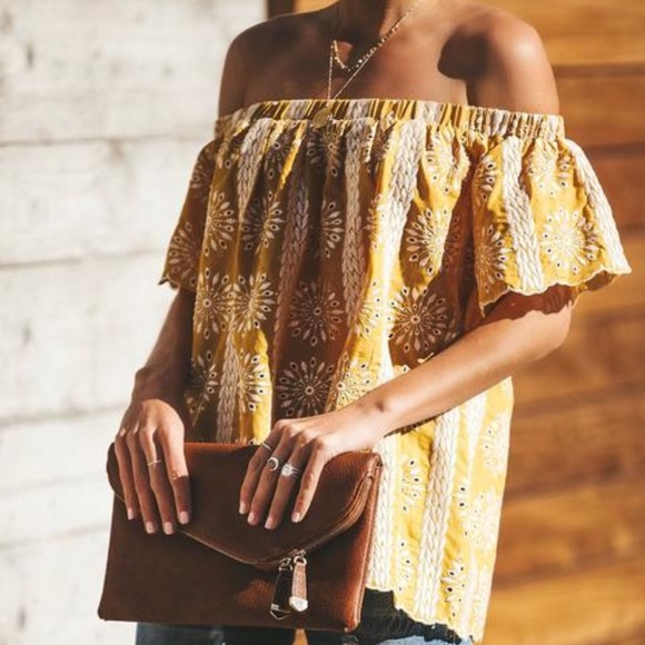 Yellow & White Embroidered Off the Shoulder Top - Picture 2 of 4